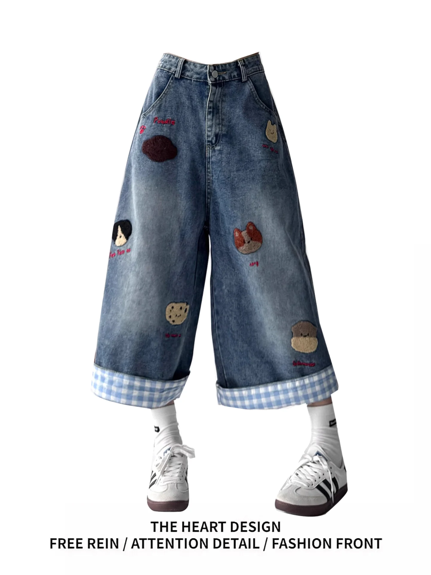 

Джинсовые рта с вышивкой в американском стиле ретро, высокая талия, широкие штанины, свободный крой, летние трендовые женские джинсы, повседневные джинсы