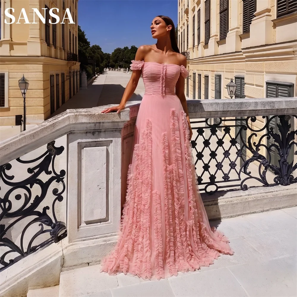 Sansa Customized Dusty Pink Prom Dresses Elegant Off Shoulder Ruffled Tulle A-Line Vestidos De Noche Floor Length Formal Evening