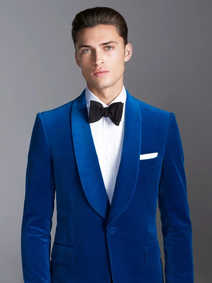 Autumn Warm Velvet Blue Formal Wedding Elegant Men Suit Groom Tuxedo Shawl Lapel Slim Fit Blazer High Quality Custom 2 Piece Set