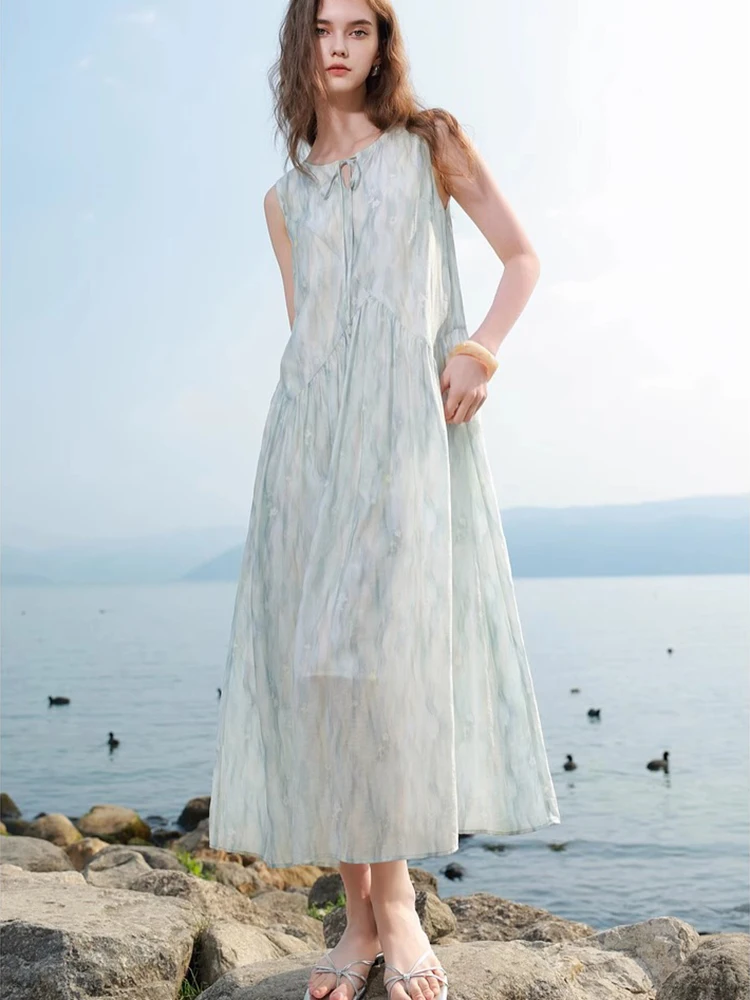 فستان طويل نسائي كاجوال عتيق بدون أكمام فستان صيفي فضفاض بياقة دائرية وأربطة فستان فرنسي قديم