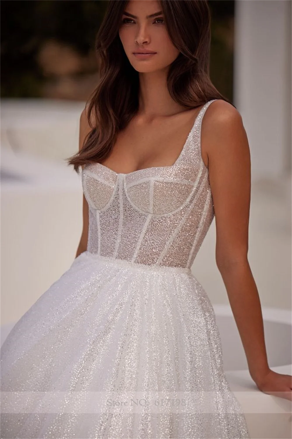 Abito da sposa pieghettato glitterato con paillettes con colletto quadrato per le donne abito da festa nuziale senza schienale a-line Court vestido novias boda