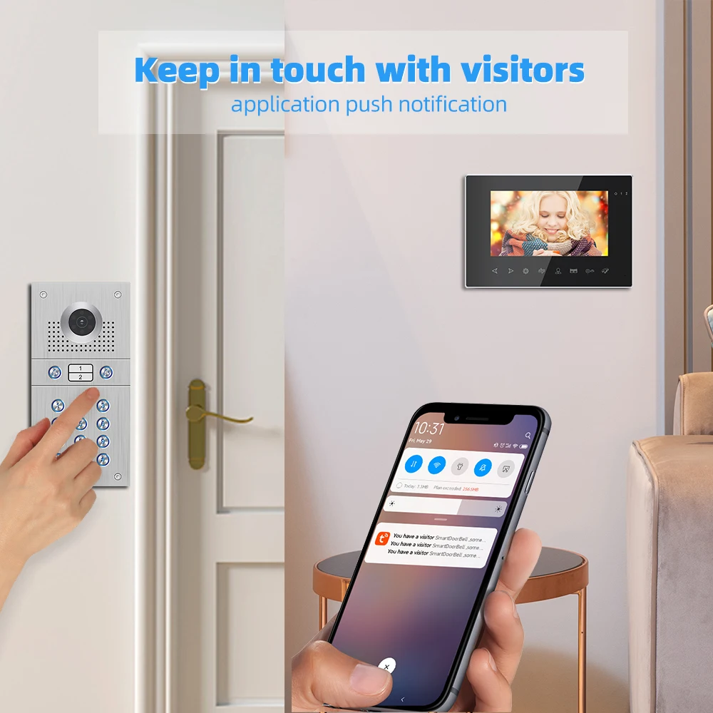 Jeatone WiFi Tuya Smart Video Door Phone Video Intercom Code Keypad/RFID Card/APP Unlock Motion Detection for 2 Units Apartment