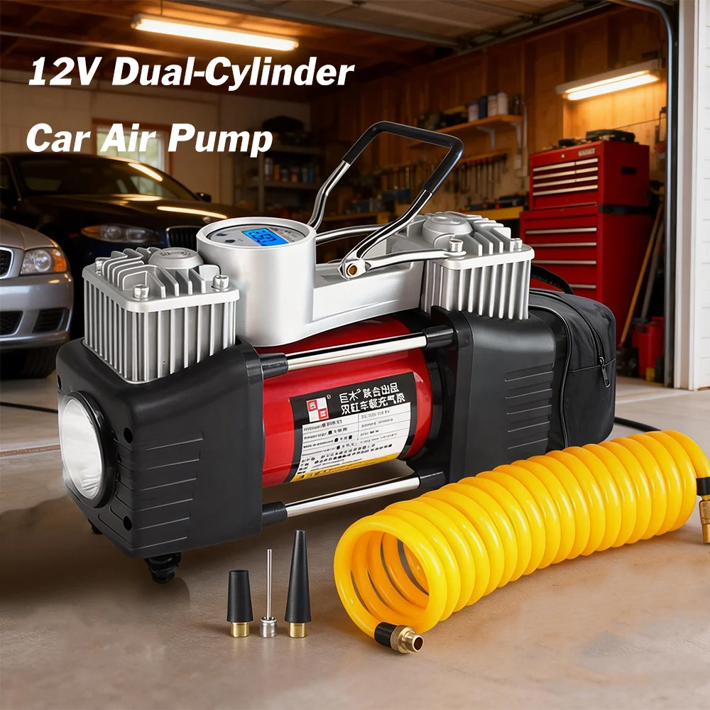 

12 В двухцилиндровый портативный автомобильный воздушный насос, мощный насос для накачивания шин электромобиля с цифровым дисплеем, многофункциональный для авто