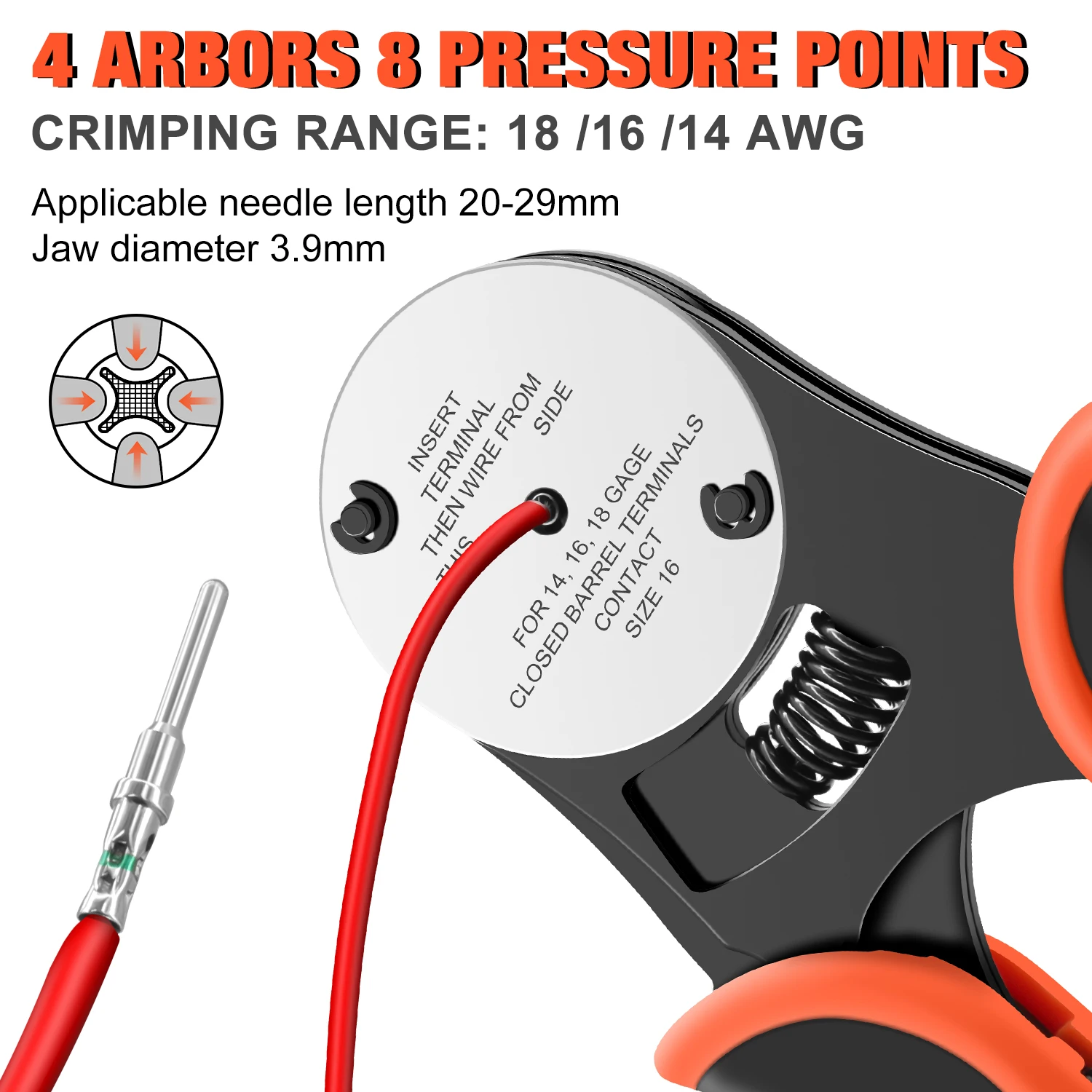 أداة تجعيد ألمانية مغلقة أسطوانية المكشكش 4 طرق المسافة البادئة 8 الانطباع نوع دبوس العقص أداة للموصل الألماني 14 ، 16 ، 18 AWG #5