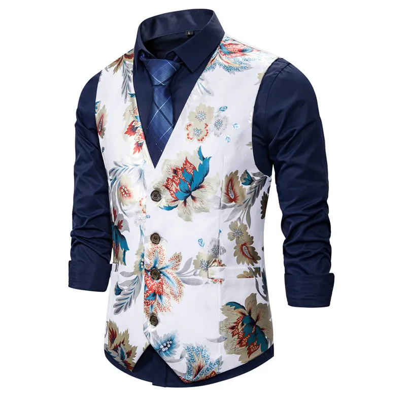 Bronzing Mens Floral Waistcoat Wedding Sleeveless Slim Fit Paisley Floral Slim Fit Top Quality Dress Vests For Men Gilet Costume