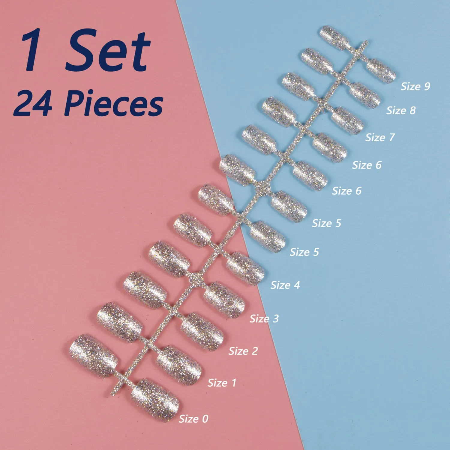 Buy In Bulk Pay One Shipping Fee 1 Set (24 Pieces) 10 Sizes Short Square Glitter False Nail Press-on Nail  Artificial Nail Tips