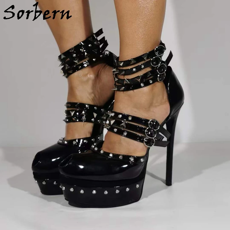 

Sorbern Peep Toe Rivets Women Pump High Heel Stilettos Studs Ankle Straps Mary Jane Summer Shoes Custom Multi Colors