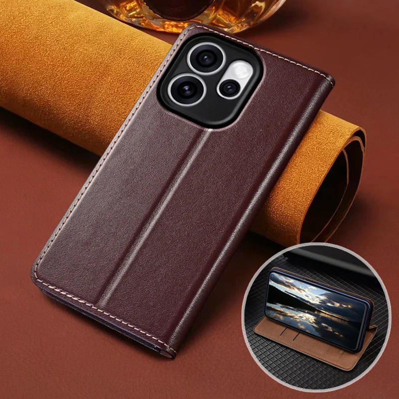 For OPPO Reno 15 15F Reno15 Pro Max 5G Flip Case Napa Texture Magnetic Cover Cowhide Genuine Leather Card Pocket Wallet Cases
