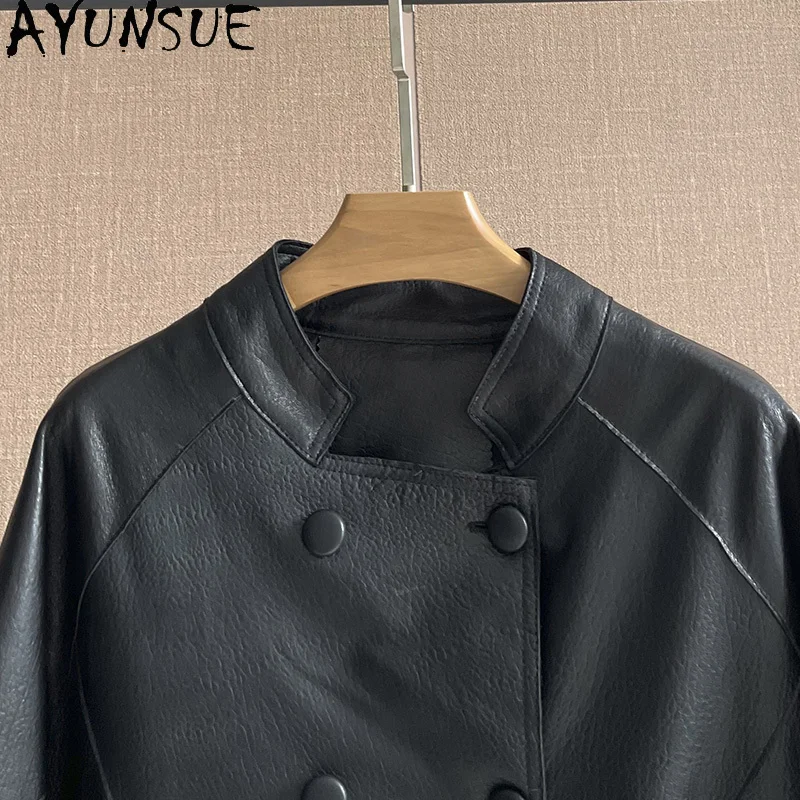 AYUNSUE 100% ของแท้Sheepskinแจ็คเก็ตหนังผู้หญิง 2025 ฤดูใบไม้ร่วงBatwingแขนหลวมแจ็คเก็ตเสื้อผ้าผู้หญิงสั้น 가자켓