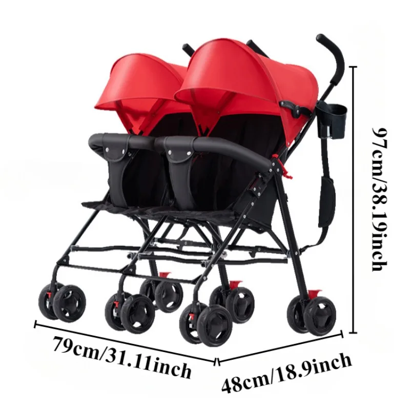 Double Stroller Ultra Lightweight Folding Umbrella Stroller Twin Baby Trolley Cart with Guardrail Double Cup Holder