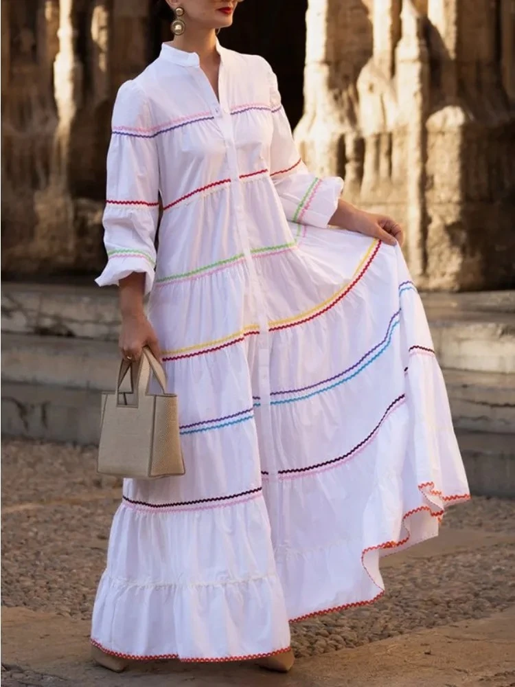 

Women's Contrast Color White Shirt Dress Long Sleeves Loose Tiered Loose Casual Summer Vacation Boho Party Evening Maxi Dresses