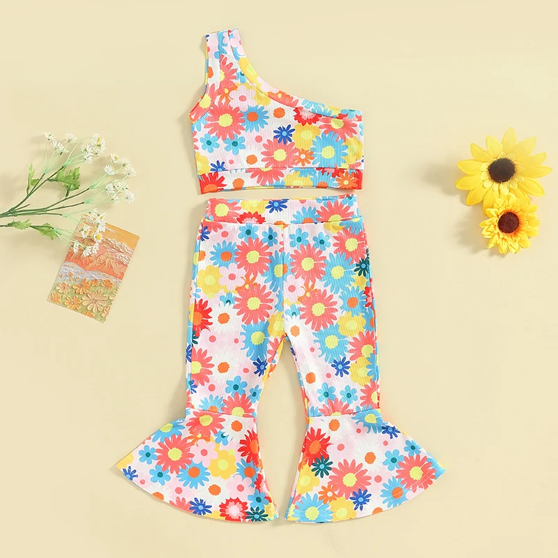 Blotona Toddler Baby Bell Bottoms Outfit Girl Summer One Shoulder Floral Tank Tops Flared Pants Clothes Set