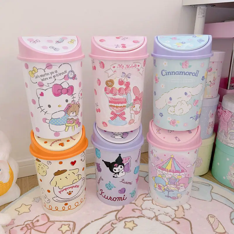 

Sanrio Kuromi Cinnamoroll Household Trash Cans with Lid Cute Cartoon Anime Hello Kitty Lovely Bedroom Bathroom Waste Basket Toys