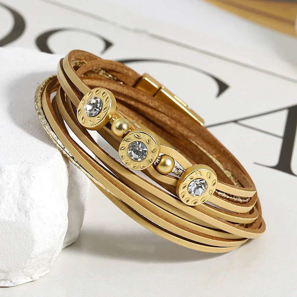 ALLYES Fashion Inlaid Rhinestone Metal Beads Leather Bracelet for Women Multilayer Slim Strips Wrap Bracelets Charm Jewelry
