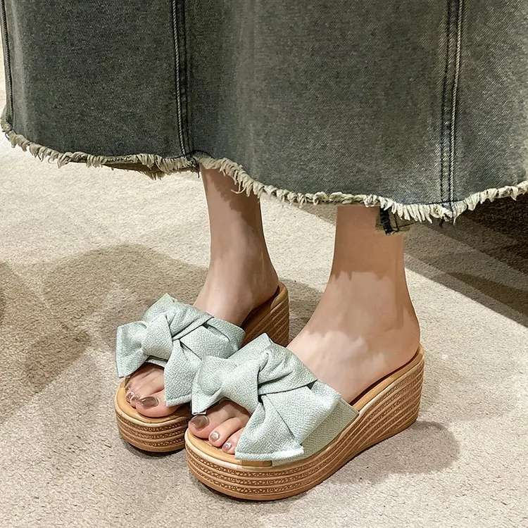 2023 Summer New Platform Wedge Slippers Women\'s Shoes Bow Decorative Clogs Fabric Light Simple Style Sandals Wedges