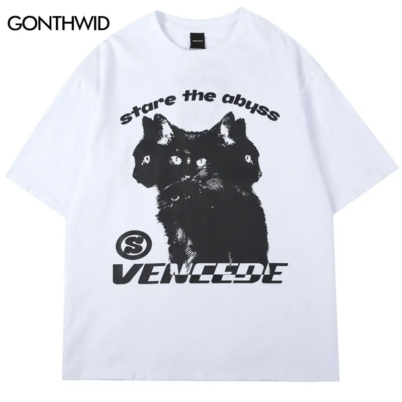 Men Hip Hop T-Shirt Y2K Streetwear Cat Print Punk Gothic Tshirt Harajuku Casual Loose Cotton Tee Shirts Summer Short Sleeve Tops