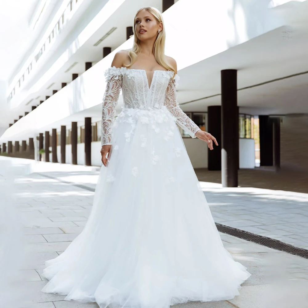 

【Hot Sale】Long Sleeve A-Line Wedding Dress with 3D Lace & Bead Embroidery - Small V-Neck Bridal Gown