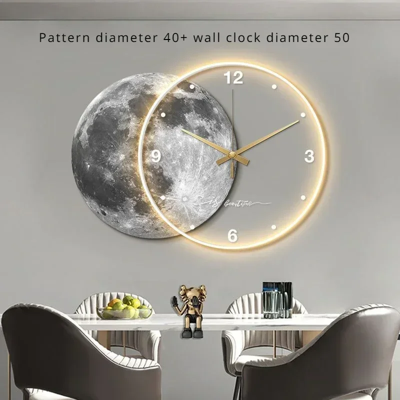 Klok Luxe Eetkamer Woonkamer Grote Muurkamer Maan De Aarde Modellering LED-licht Stille beweging Slaapkamerklok Wanddecoratie