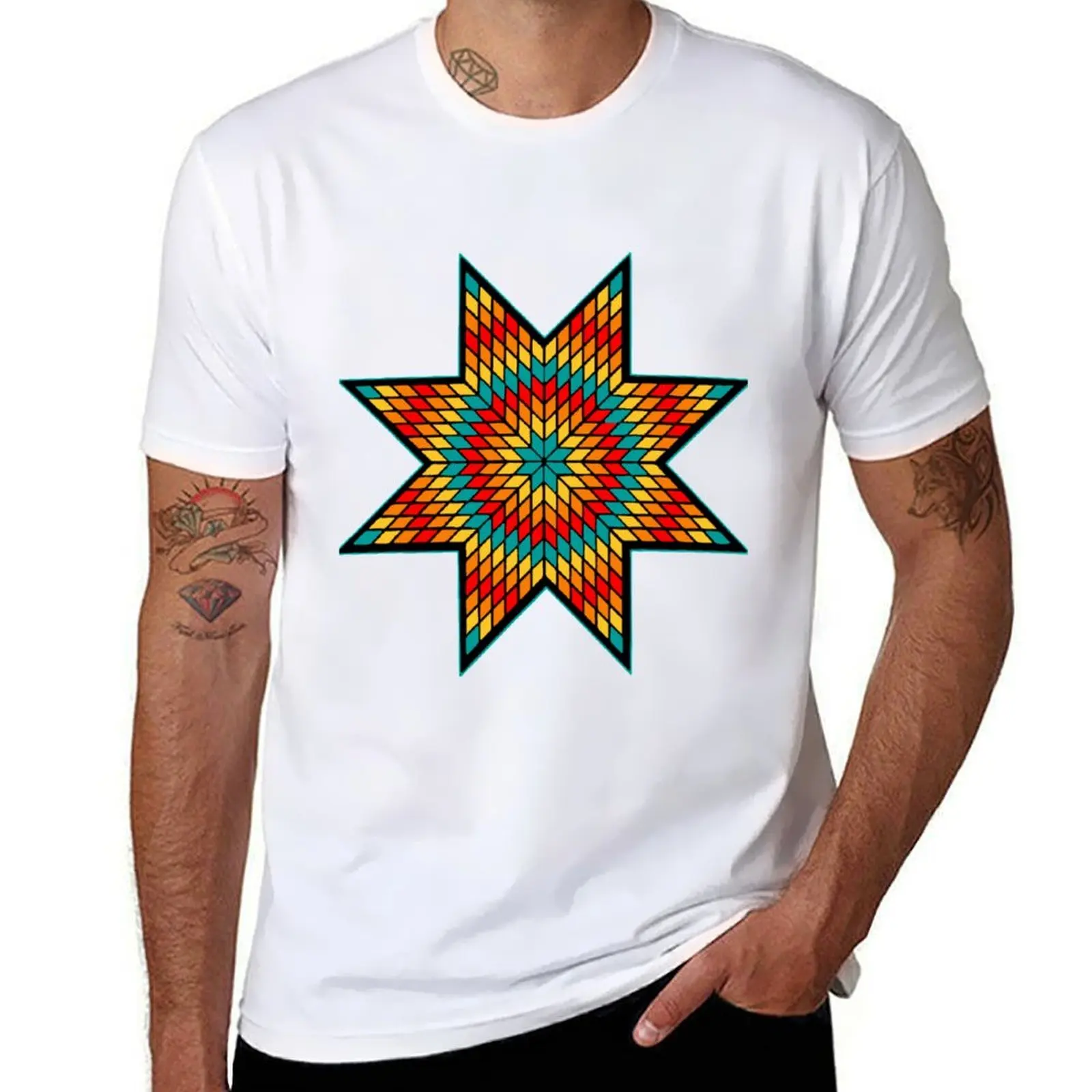 

Native American StarQuilt Design Turquoise/Fire Color, Turquoise T-Shirt man t shirt cotton high quality T-Shirt