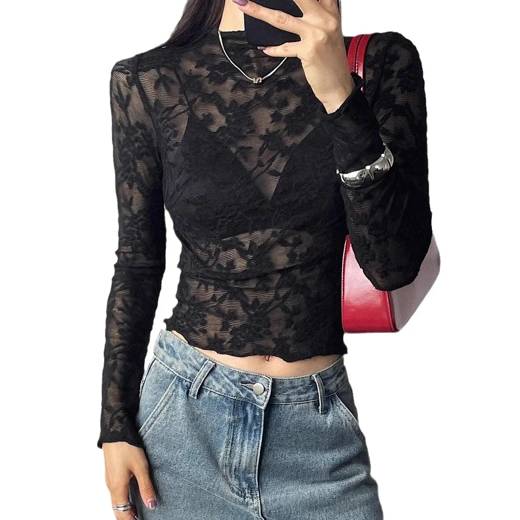 Cross-border 2025 New Small Stand-up Collar Transparent Lace Tight Long-sleeved T-shirt Top Women's Cw01233