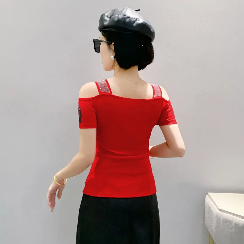 New Fashion Summer European Clothes High Quality T-Shirt Sexy Off Shoulder Shiny Diamonds Women Mesh Top Luxury Chic Flower Tees