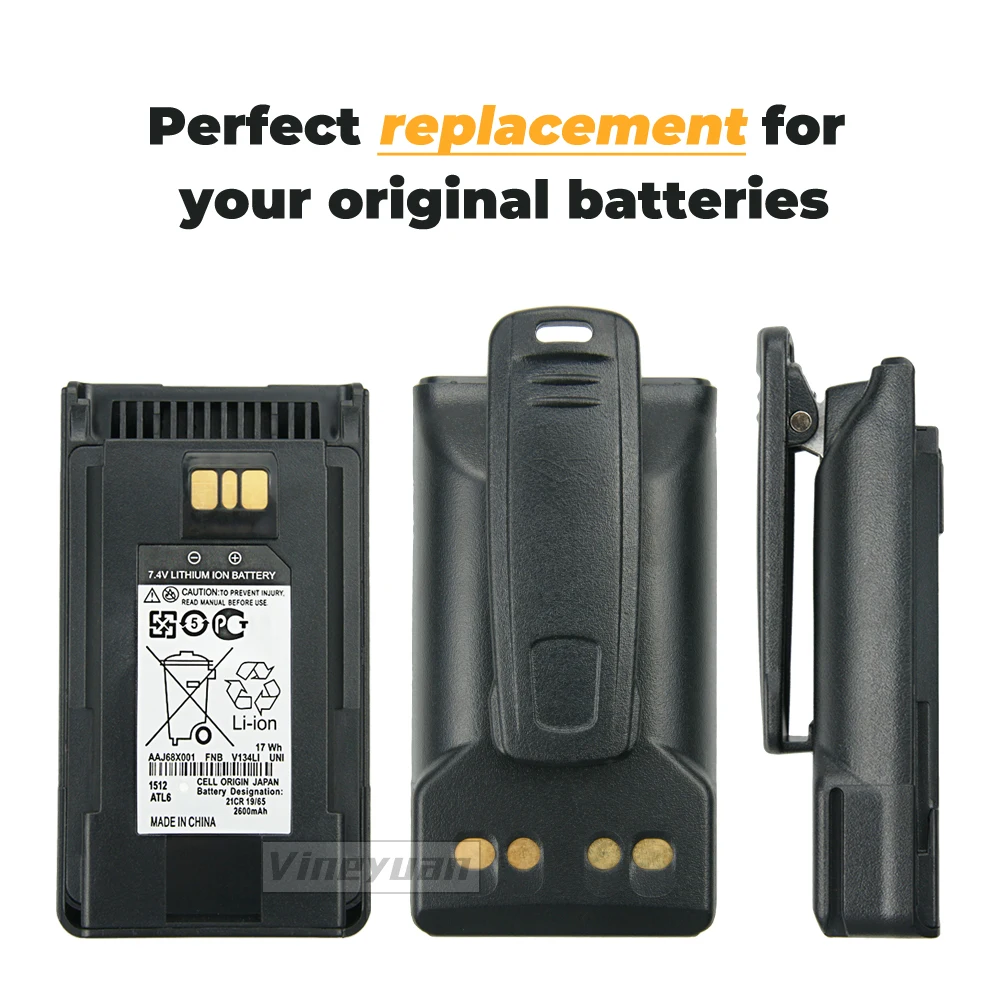 2PCS FNB-V134Li  V133Li  2600mAh Replacement Battery for Vertex EVX-231 EVX-230 EVX-261 VX-451 EVX-530 Radio with Belt Clip