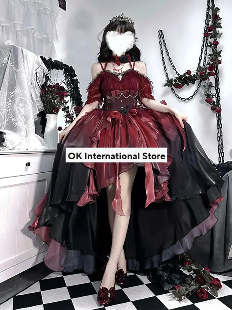 Vestido de novia de flor roja de novia oscura, vestido de Lolita, vestidos Op, vestido de princesa hinchado de industria pesada, disfraz de Cosplay