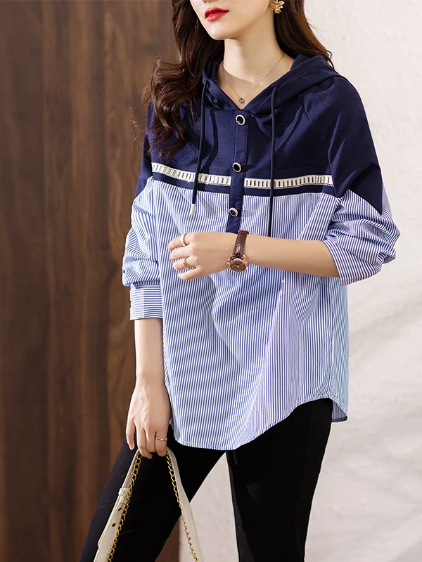 

Fashionable Striped Patchwork Hooded Casual Long Sleeve Shirt Large Size Women's Spring Open Cardigan Casual All-Match Cotton...