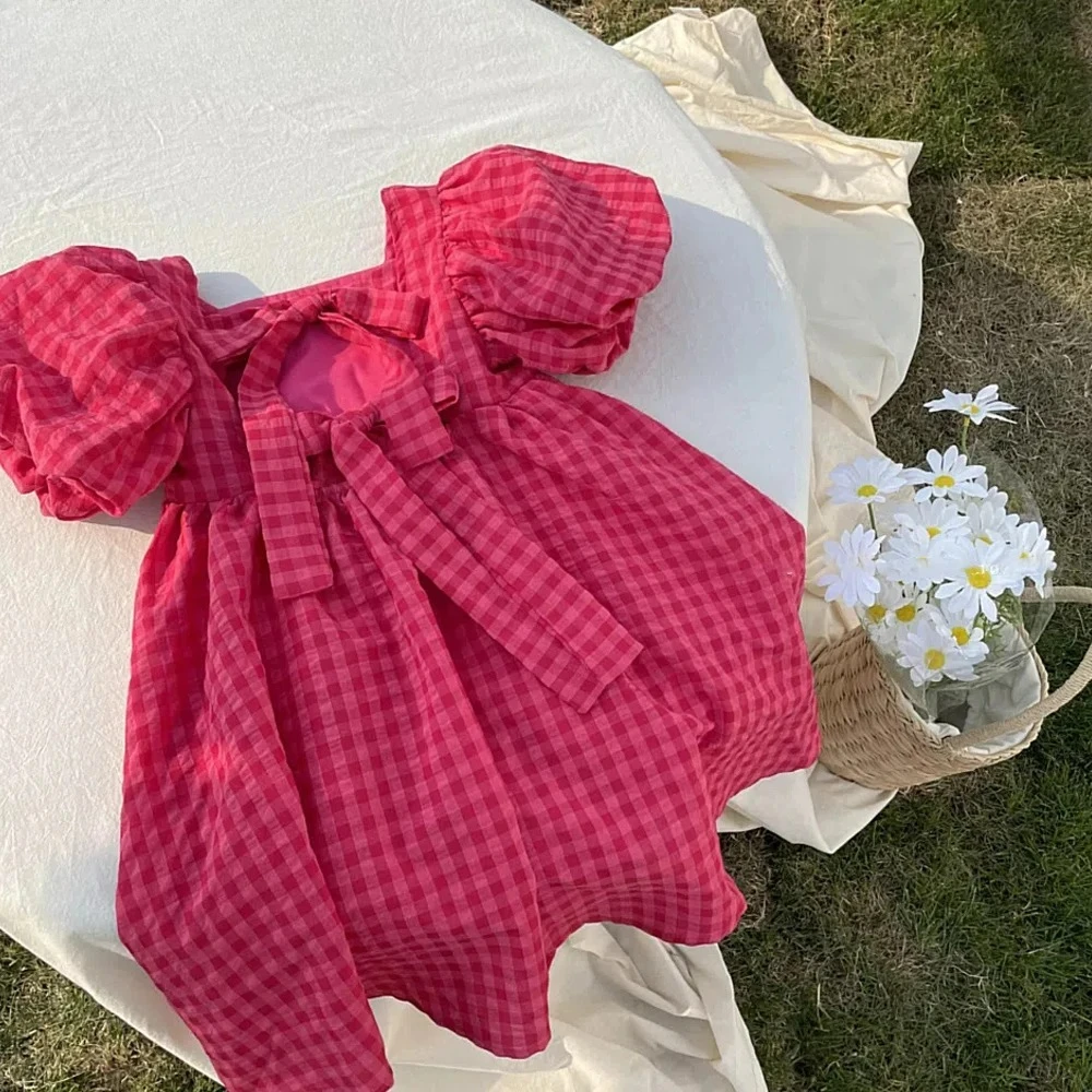 

Rose Pink Plaid Bow Dress Elegant Lolita Child Big Girls Midi Dress Children Dresses Teens Party Princess Sundress