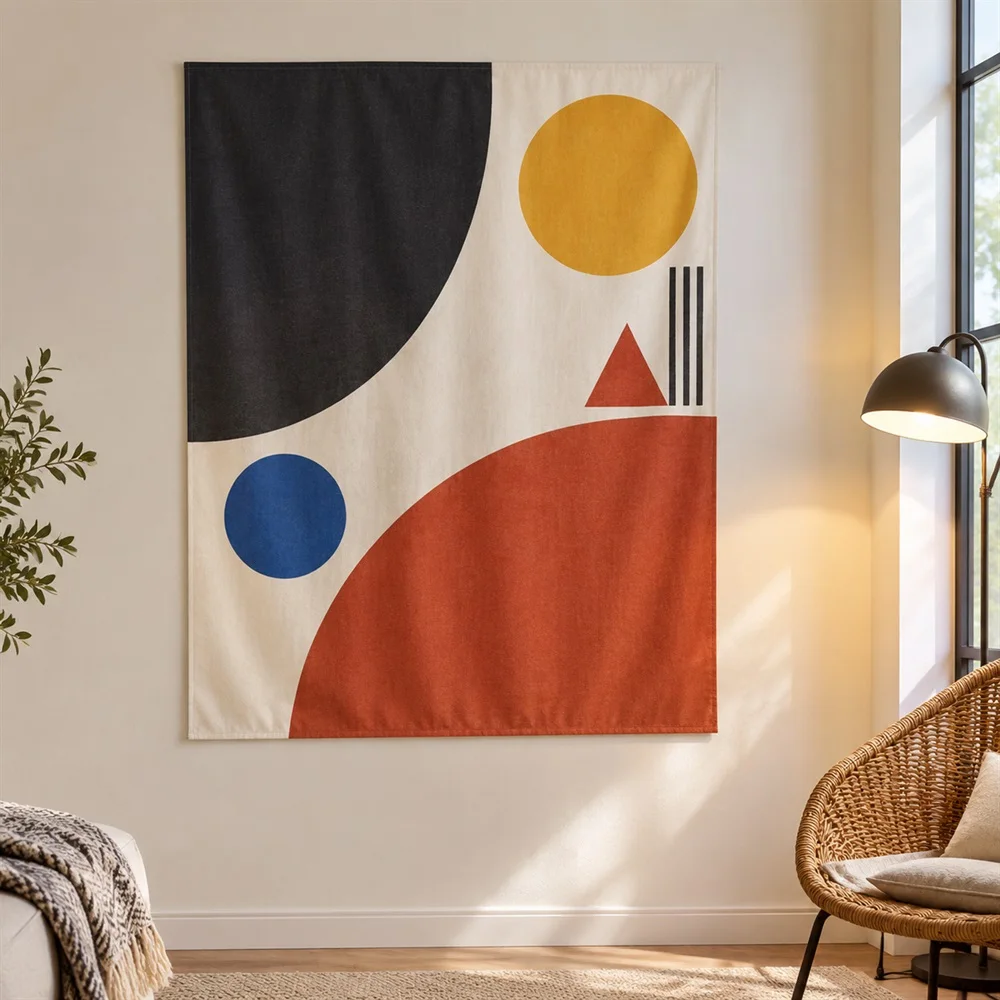 VIKAMA Bauhaus Geometric Tapestry Wall Hanging, Abstract Color Block Wall Art, Modern Decor for Living Room Office Study Bedroom