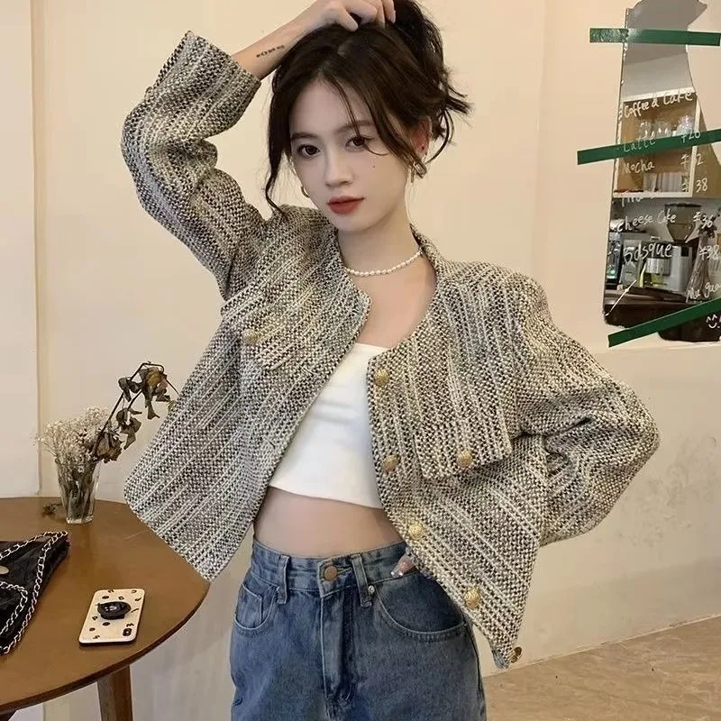 Veste courte parfumée pour femme, manteau décontracté, chemisier slim, cardigan à col rond, tempérament, printemps, automne, nouveau, 2024