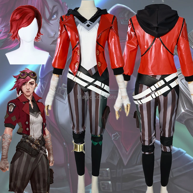 Vi Cosplay Game LOL Arcane 2 Costume Piltover Enforcer Outfit Vi Uniform Red Wig Suit Halloween Carnival Role Play Props Woman