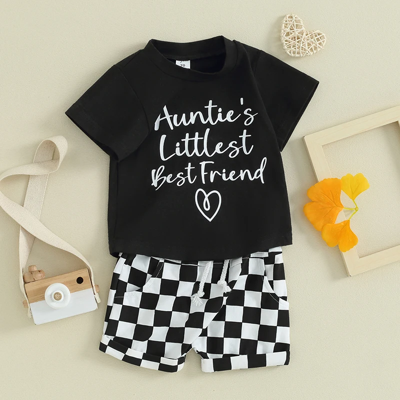 2Pcs Infant Toddler Baby Boy Summer Clothes Short Sleeve Auntie s Littlest Best Friend T-Shirt Tops Checkerboard Plaid Shorts