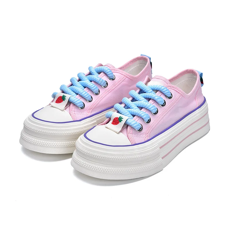 Women Fresh Colors Thick Sole Canvas Tennis Shoe Low Top Female Blue Pink Sneaker Height Increased Sole Summer Soft Latex Insole