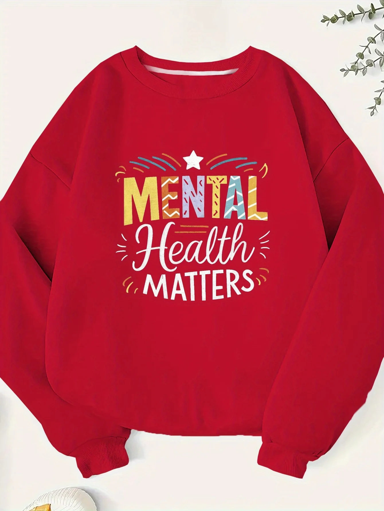 

Mental Health Matters Women's Sweater with Graphic Print-Vibrant Red, Round Collar, Colorful Stars and Spirals