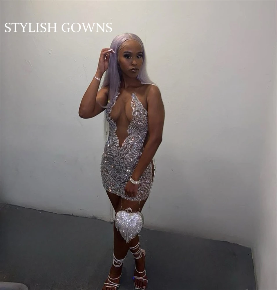 Silver O Neck Short Prom Dresses For Black Girls Beaded Crystal Birthday Party Dress Mermaid Mini Cocktail Homecoming