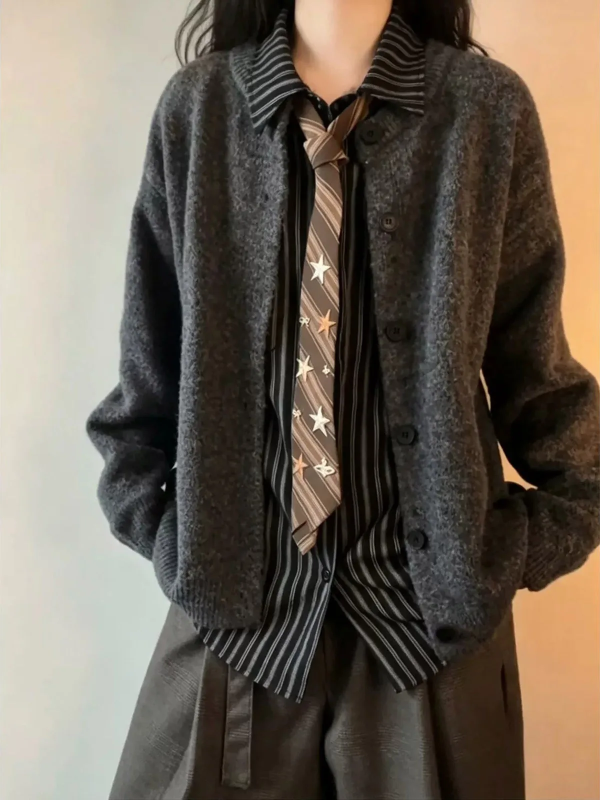 Deep Grey Open Cardigan Half High Neck Knitted Sweater Men's Casual Long Sleeve Loose Fit Trendy Autumn Wear Daily Use