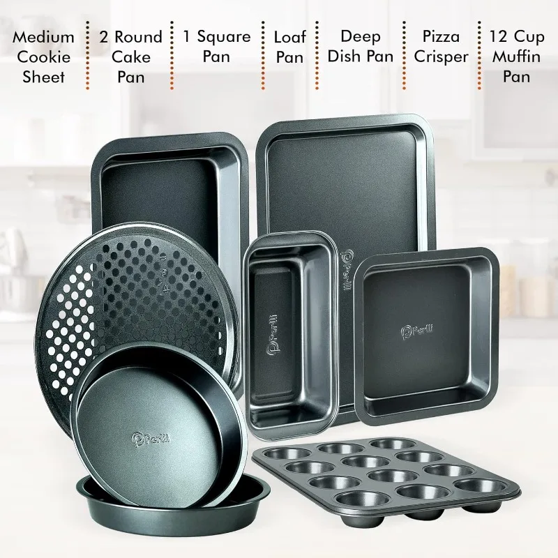 Conjunto de panelas de aço carbono antiaderente, Gray Oven Safe Bakeware, Conjunto de cozinha, Folha de biscoito, 2 panelas redondas, 8 pcs