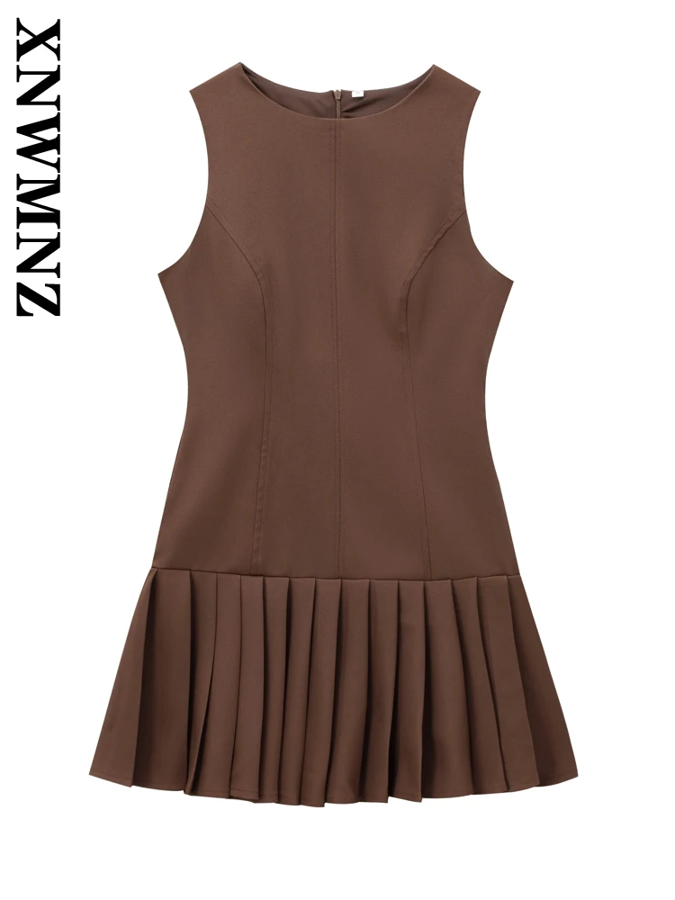 XNWMNZ Woman 2024 New Autumn Fashion O-Collar zipper Dress Mini Skirt Female Casual Solid Color Ruffles Sleeveless Pleated Skirt