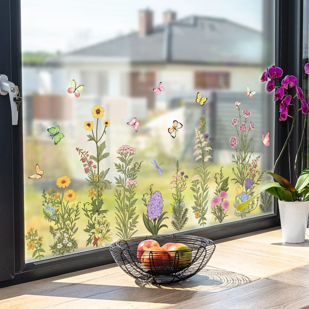 Stylish Electrostatic Window Sticker Combining Seasonless Floral Patterns and Butterfly Accents for Diverse Interior Styles