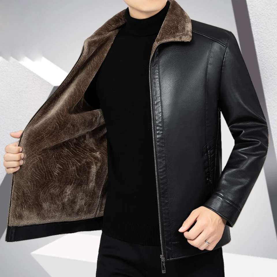 Men's Leather Jacket Sheepskin Plush Lining Winter Leather Coat With Fur Man Business Casual Real Leather And Fur Vintage Jacket