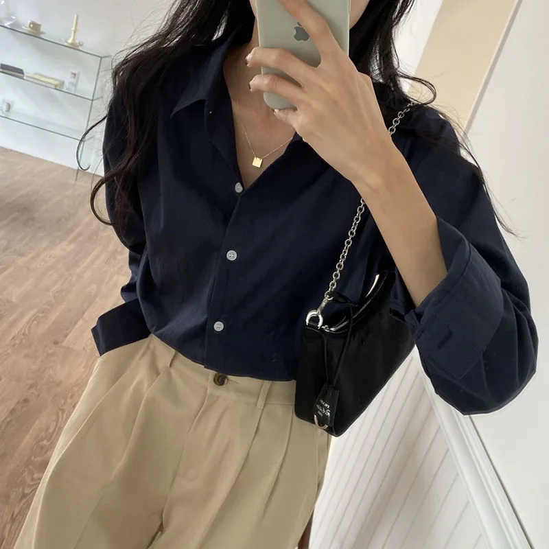 Csa informal hoada de manga larga para mujer, Top con botones, corte recto coreano, estilo básico, Color caramelo, prima...