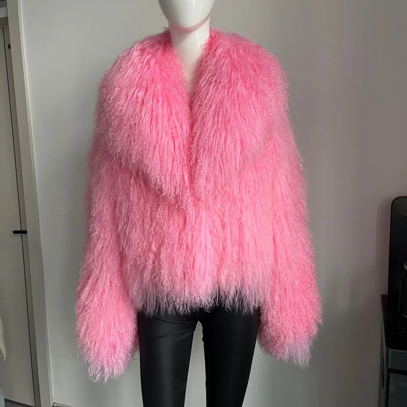 Beiziru Women's Mongolia Sheep Fur Coat Turn-down Collar Real  Warm Stylish Outerwear Jacket