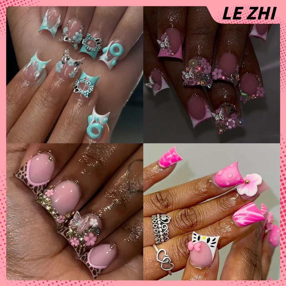 

Y2K Spicy Girl Duckling Hello Kitty Press On Nail Art Handmade Summer Seaside Flower Gel Pink Diamond Design French Nail Sticker