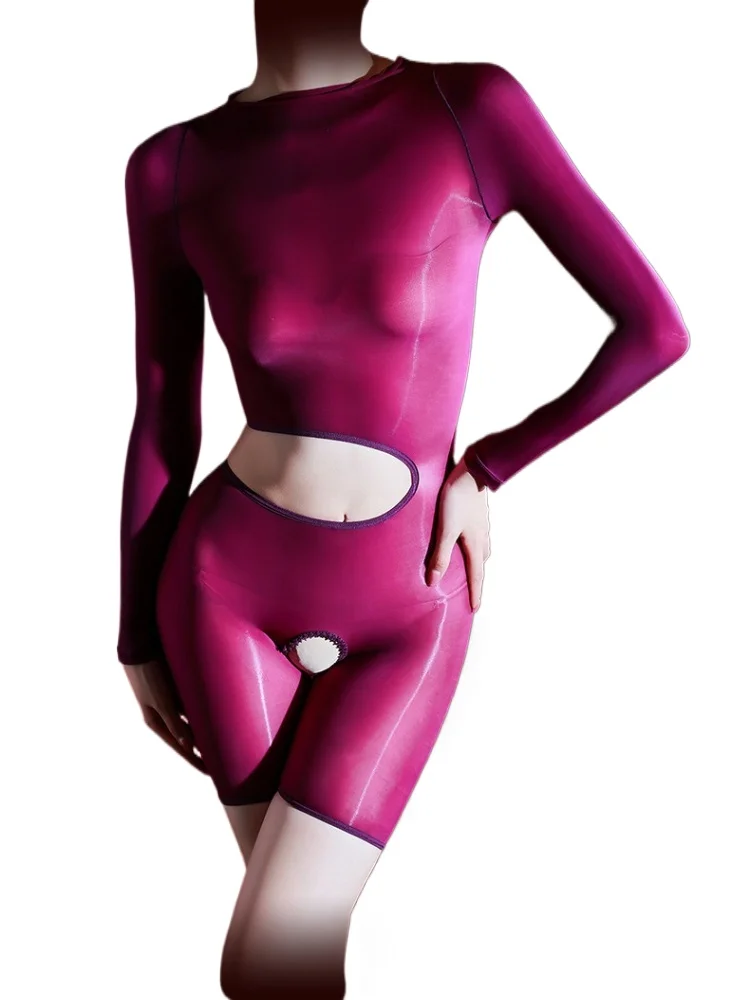 

Couple Sexy Oil Shiny Bodysuit Glossy Cut Out Waist Long Sleeve Romper Sissy Pouch Sheath Lingerie Gay Stretchy Sheer Playsuit