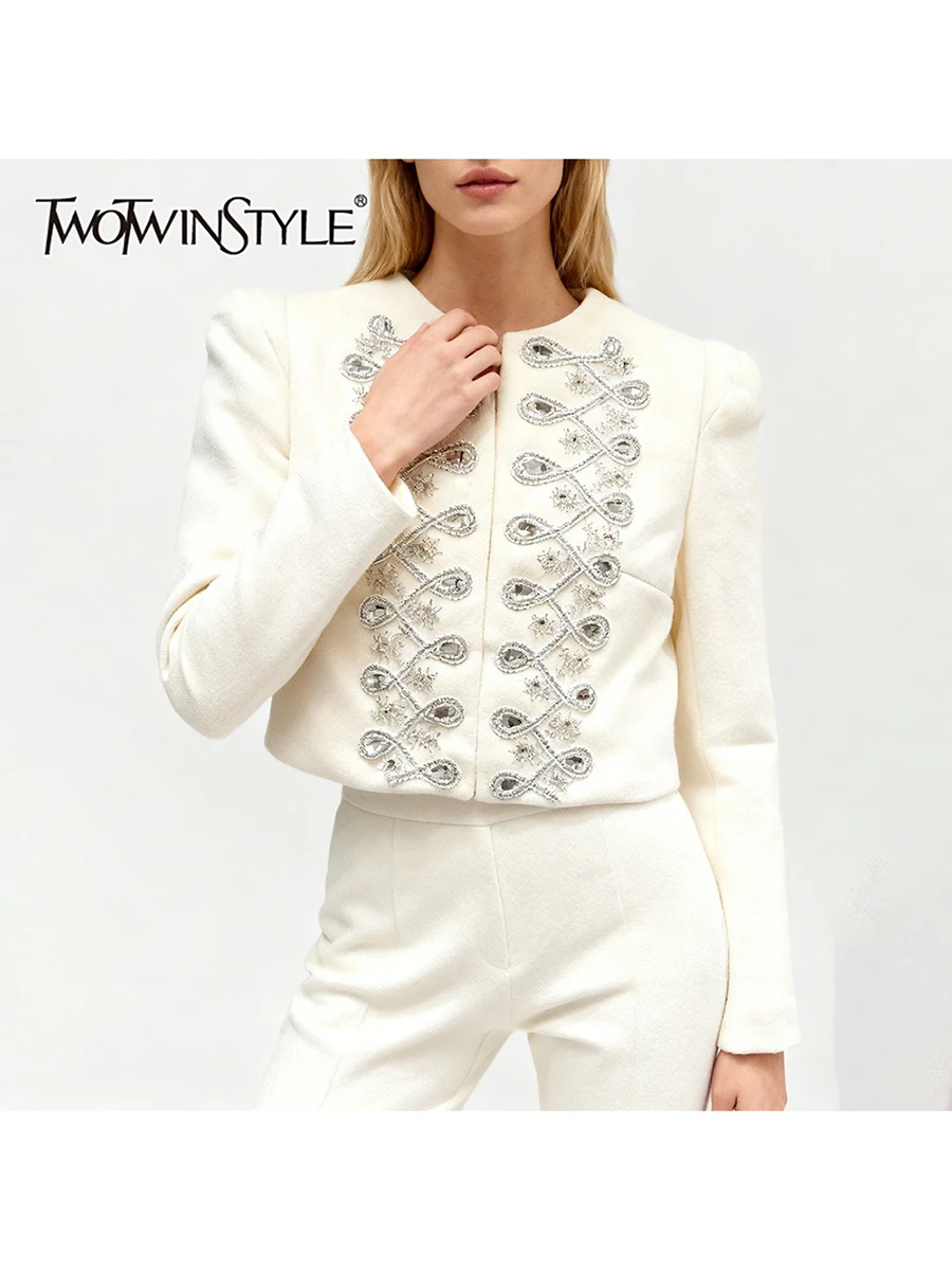 

TWOTWINSTYLE Solid Slimming Spliced Beading Temperament Jackets for Women Round Neck Long Sleeves Elegant Short Jacket Female