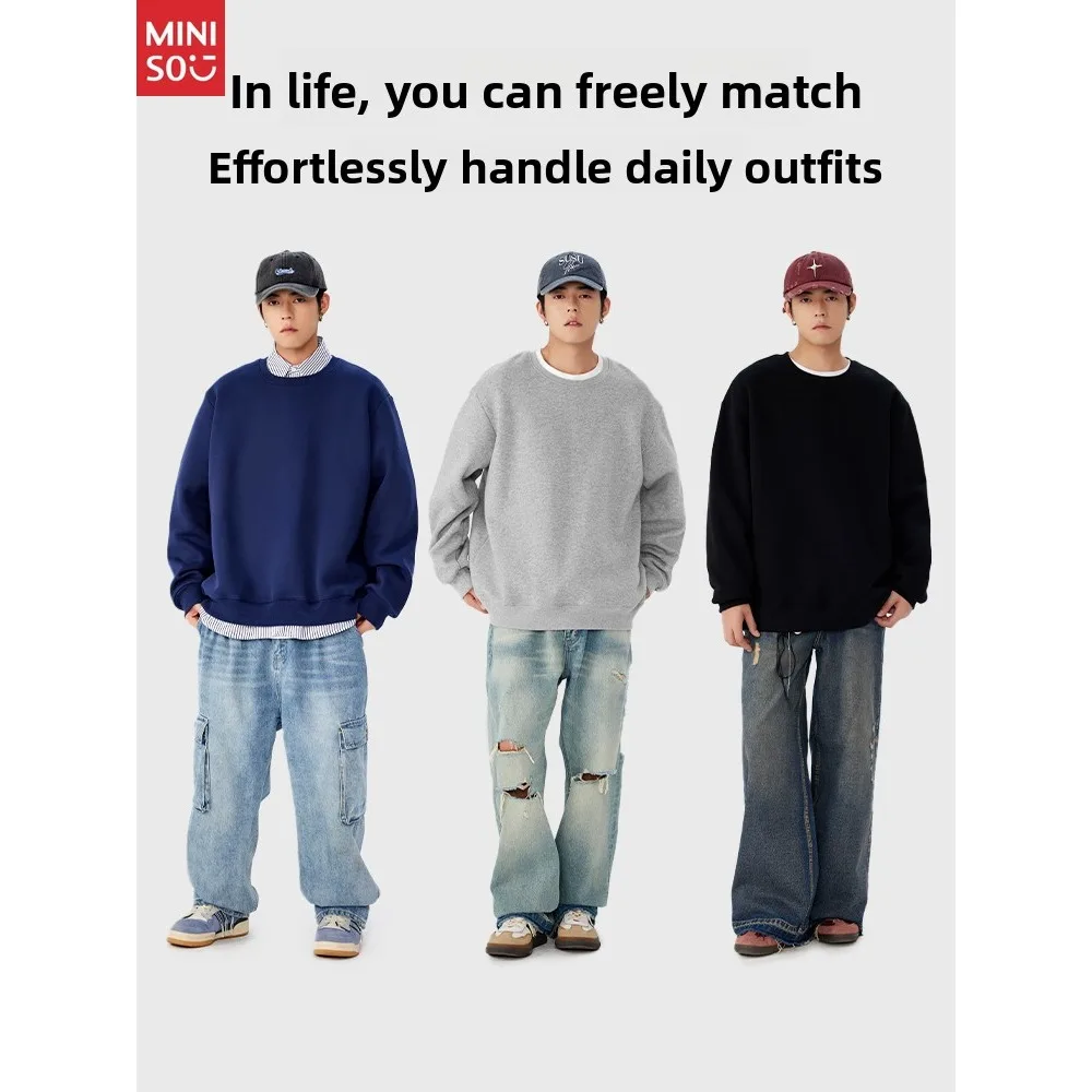 

Miniso Men's Sweater Autumn Trendy Retro American Version Ruffian Handsome Jumper High Gram Weight Crew Neck Bottoming Shirt A