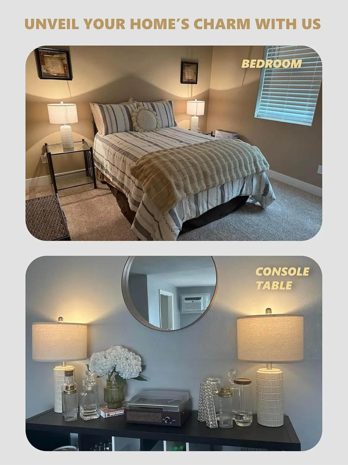 Modern Ceramic Table Lamp Set of 2 for Living Room with White Finish, Farmhouse Bedside Nightstand Decor for Bedroom view 3