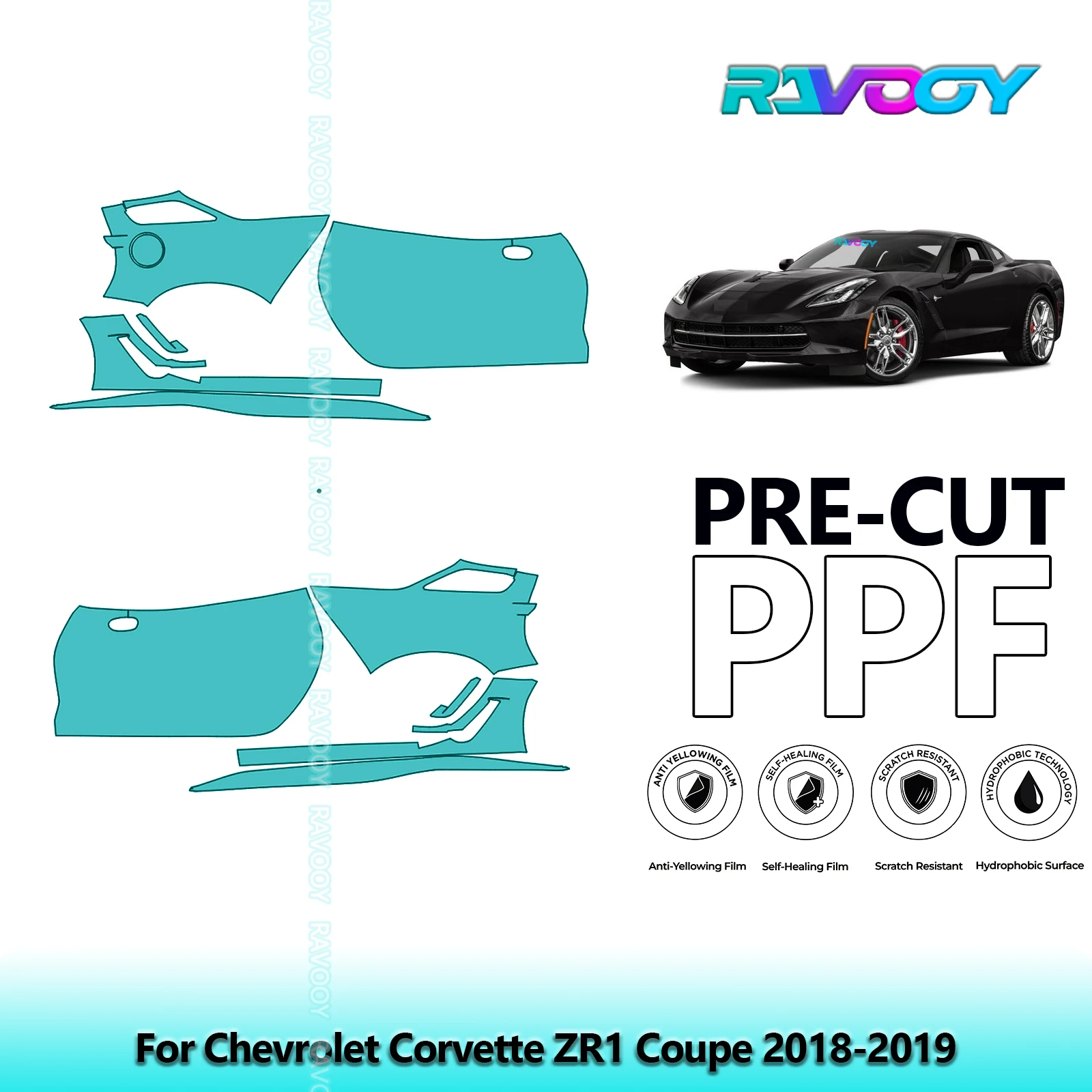 

For Chevrolet Corvette ZR1 Coupe 2018-2019 8.5mil Clear Matte Pre-Cut PPF Door & A/B Pillar Kit TPU Paint Protection Film Set