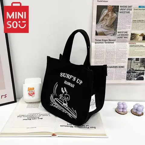 MINISO 만화 귀여운 인쇄 식사 상자 가방 스누피 핸드백 캔버스 가방 휴대용 토트 백 유행 작은 사각형 가방